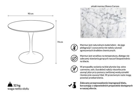 Stół TULIP MARBLE 90 CARRARA biały - blat okrągły marmurowy, metal