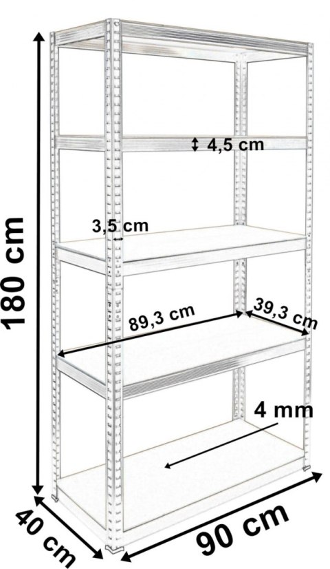 Regał magazynowy 5 poziomów 180x90x40 - nośność 875 kg