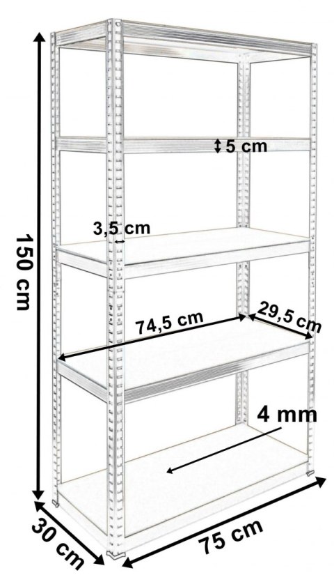 Regał magazynowy 5 poziomów 150x70x30 - nośność 625 kg